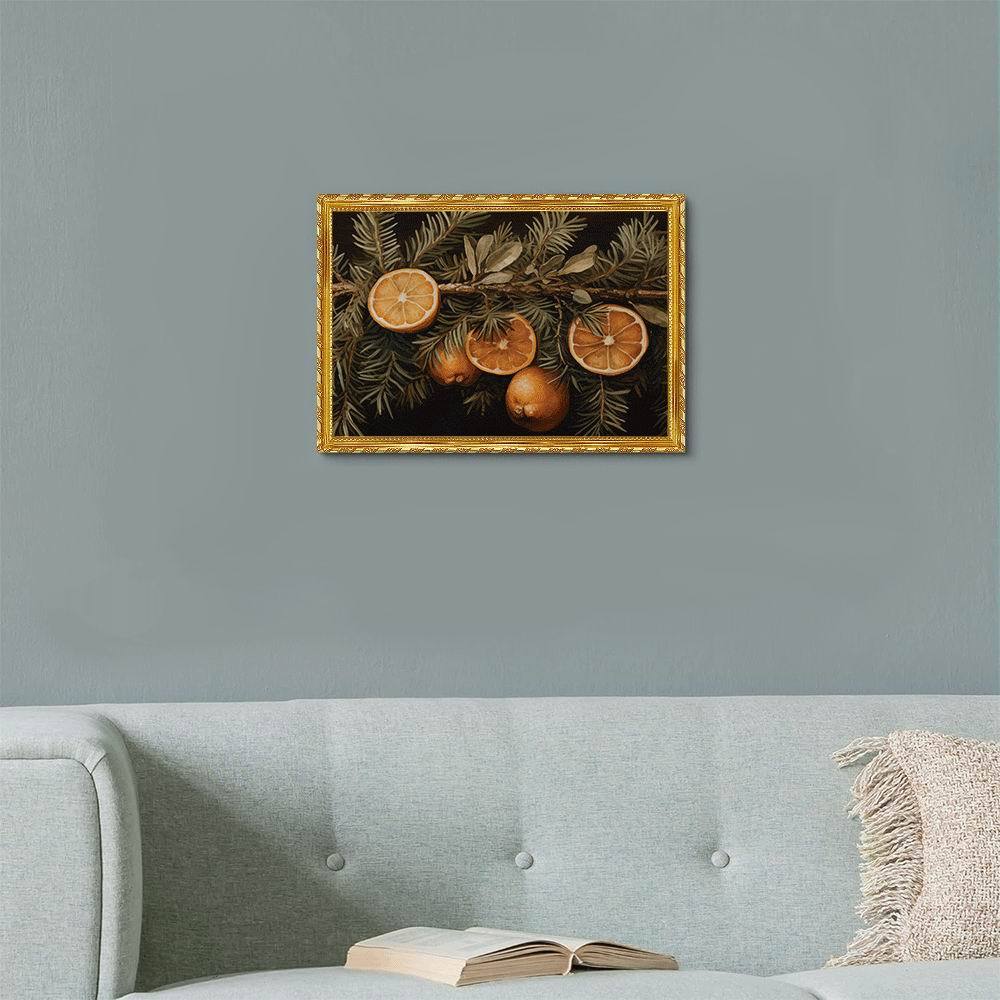 Vintage Orange Branch Christmas Canvas Art, 11.8x15.7 inch with Golden Frame