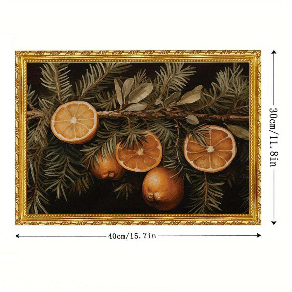 Vintage Orange Branch Christmas Canvas Art, 11.8x15.7 inch with Golden Frame