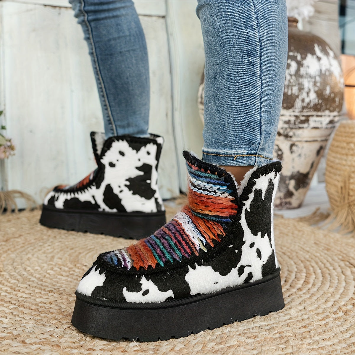 Cozy Western Chic Ankle Boots - Soft Sherpa Lining, Tribal Animal Print, Comfortable Insulated, Non-Slip TPR Sole, Mid-Heel, Fabric Upper, Random Print, Casual Slip-On Winter Footwear for Women