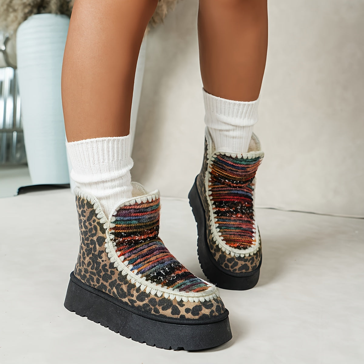 Cozy Western Chic Ankle Boots - Soft Sherpa Lining, Tribal Animal Print, Comfortable Insulated, Non-Slip TPR Sole, Mid-Heel, Fabric Upper, Random Print, Casual Slip-On Winter Footwear for Women