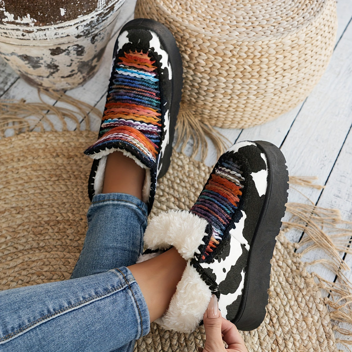 Cozy Western Chic Ankle Boots - Soft Sherpa Lining, Tribal Animal Print, Comfortable Insulated, Non-Slip TPR Sole, Mid-Heel, Fabric Upper, Random Print, Casual Slip-On Winter Footwear for Women