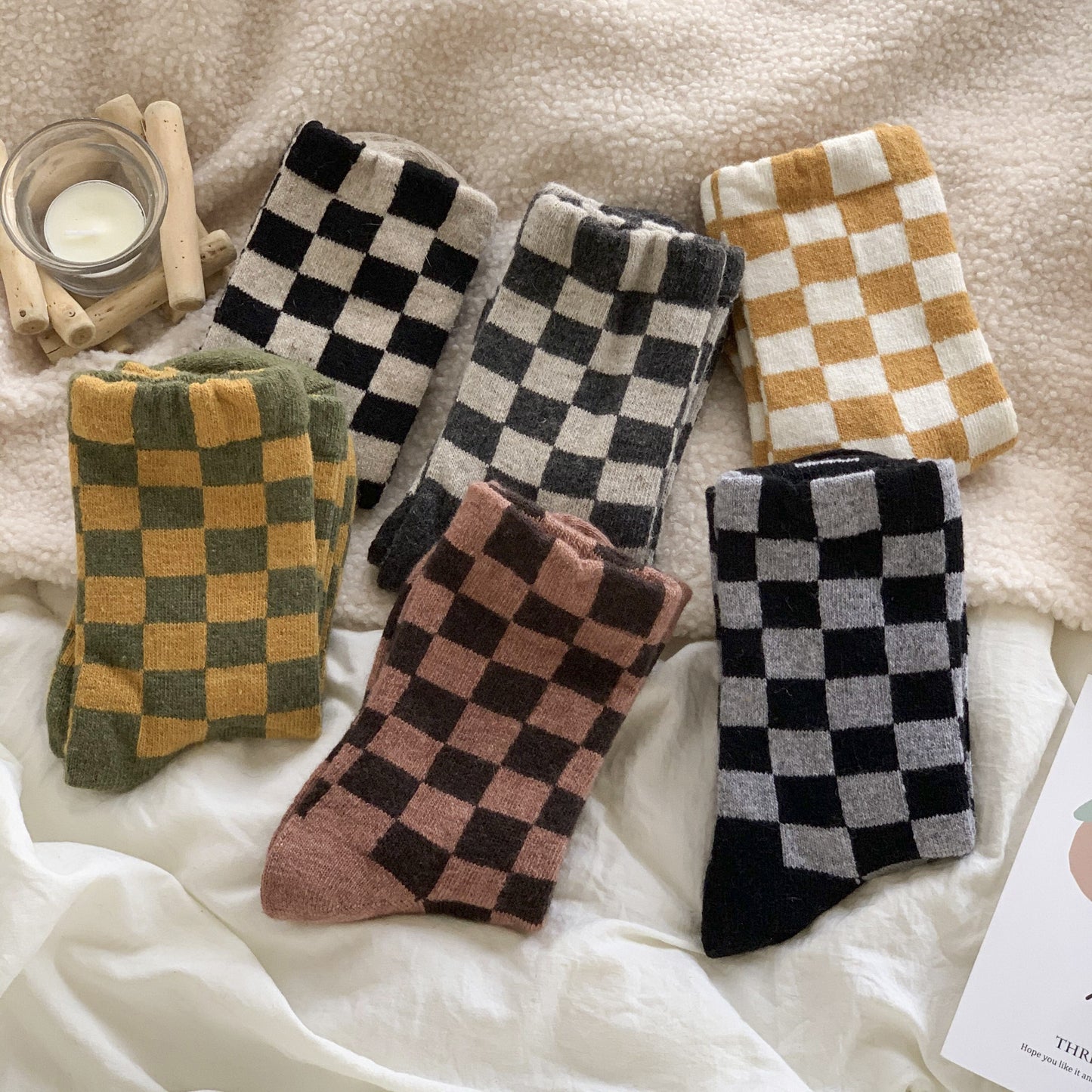 6 Pair Women's Gingham Pattern Mid-Calf Socks