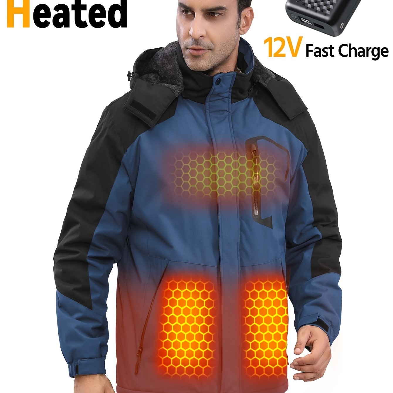 Men Heated Jacket 12V Battery Pack Fleece Lined Electric Warming Coat