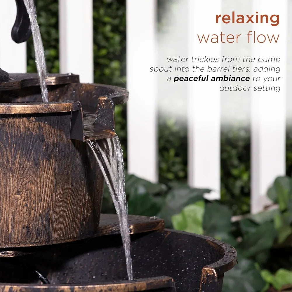 Outdoor Rustic 2-Tiered Barrel and Pump Water Fountain 27", Bronze