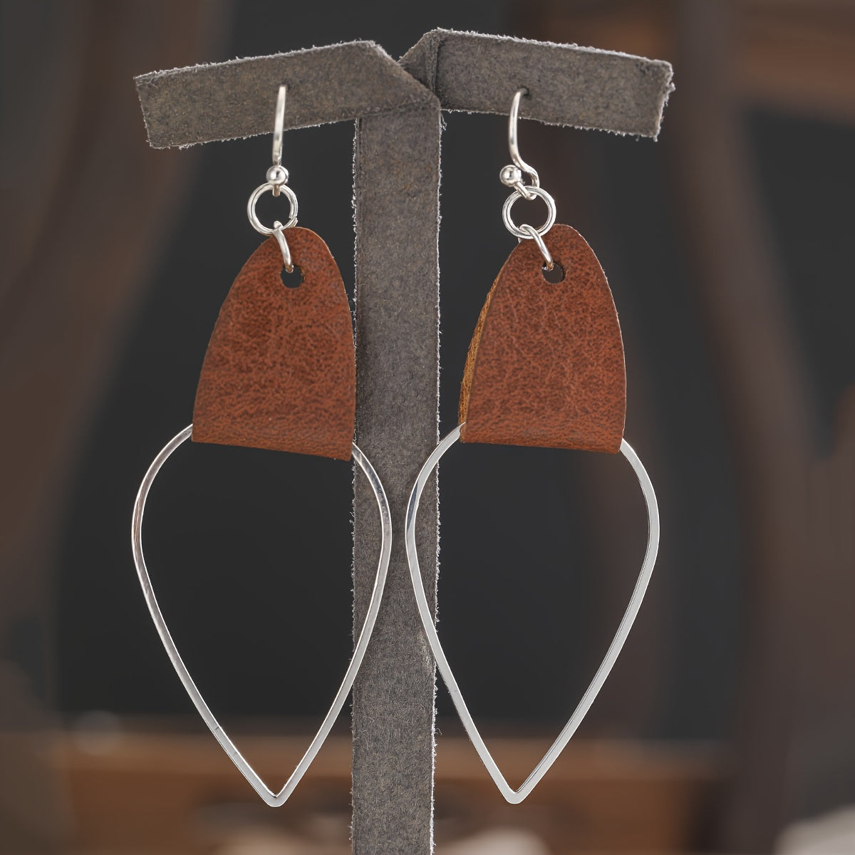 Boho Vintage Style Alloy Drop Earrings with Leather Pendant