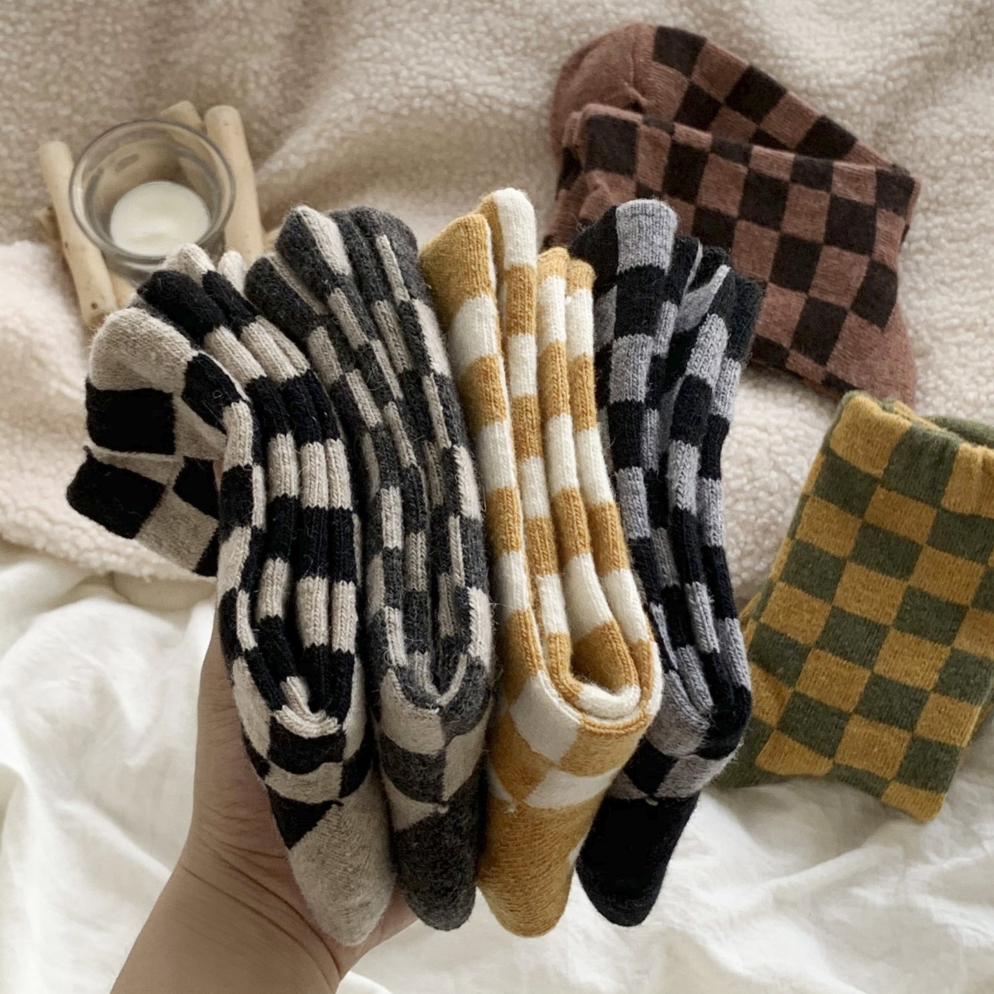 6 Pair Women's Gingham Pattern Mid-Calf Socks