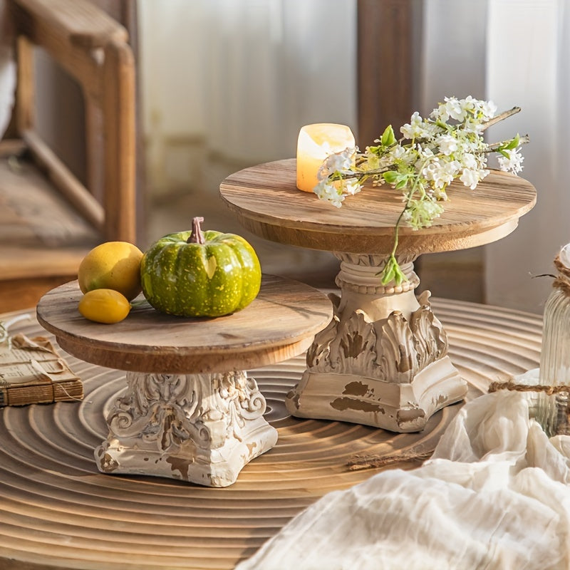 1pc Rustic Wooden Round Pedestal Tray