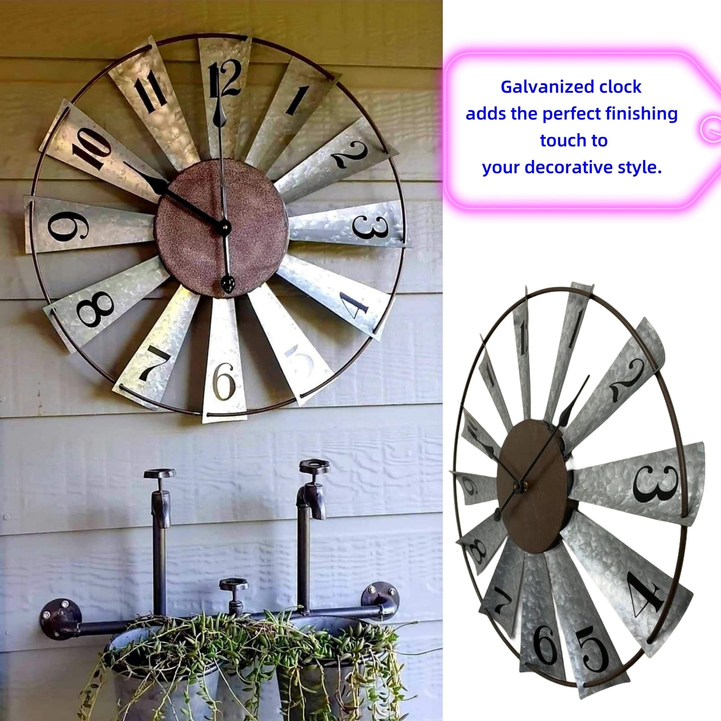 24-Inch Silver Metal Oversized Large Farmhouse Decor Clock