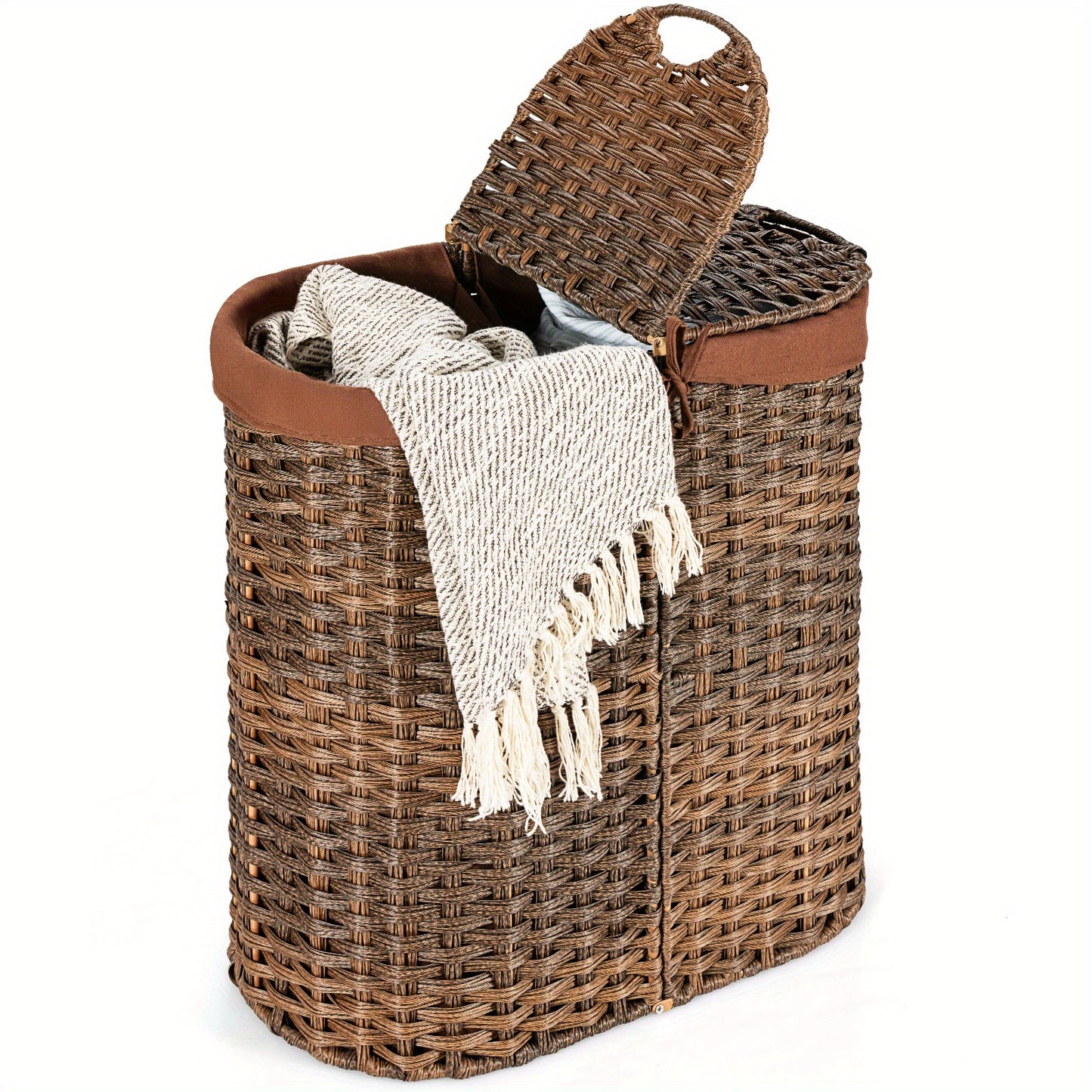 2-Pocket Handwoven Laundry Hamper with Removable Liner Bags