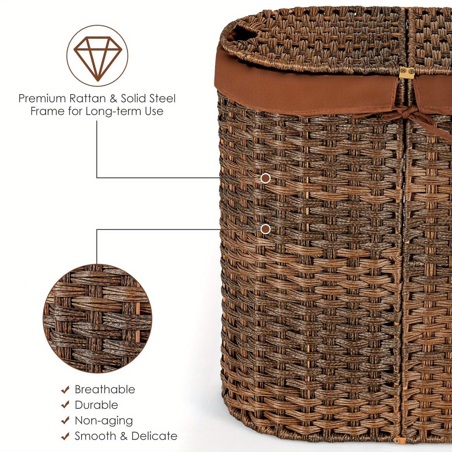 2-Pocket Handwoven Laundry Hamper with Removable Liner Bags