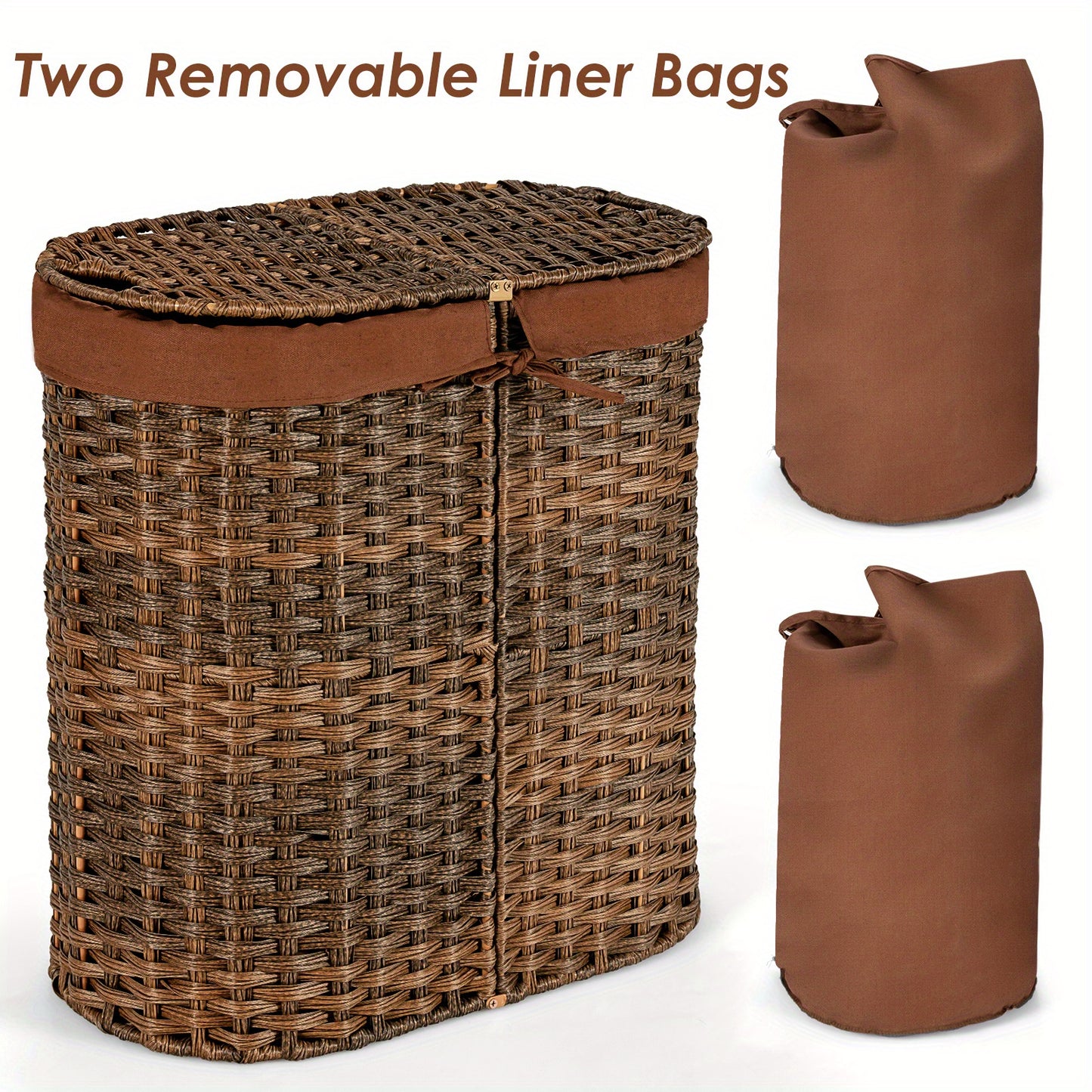 2-Pocket Handwoven Laundry Hamper with Removable Liner Bags