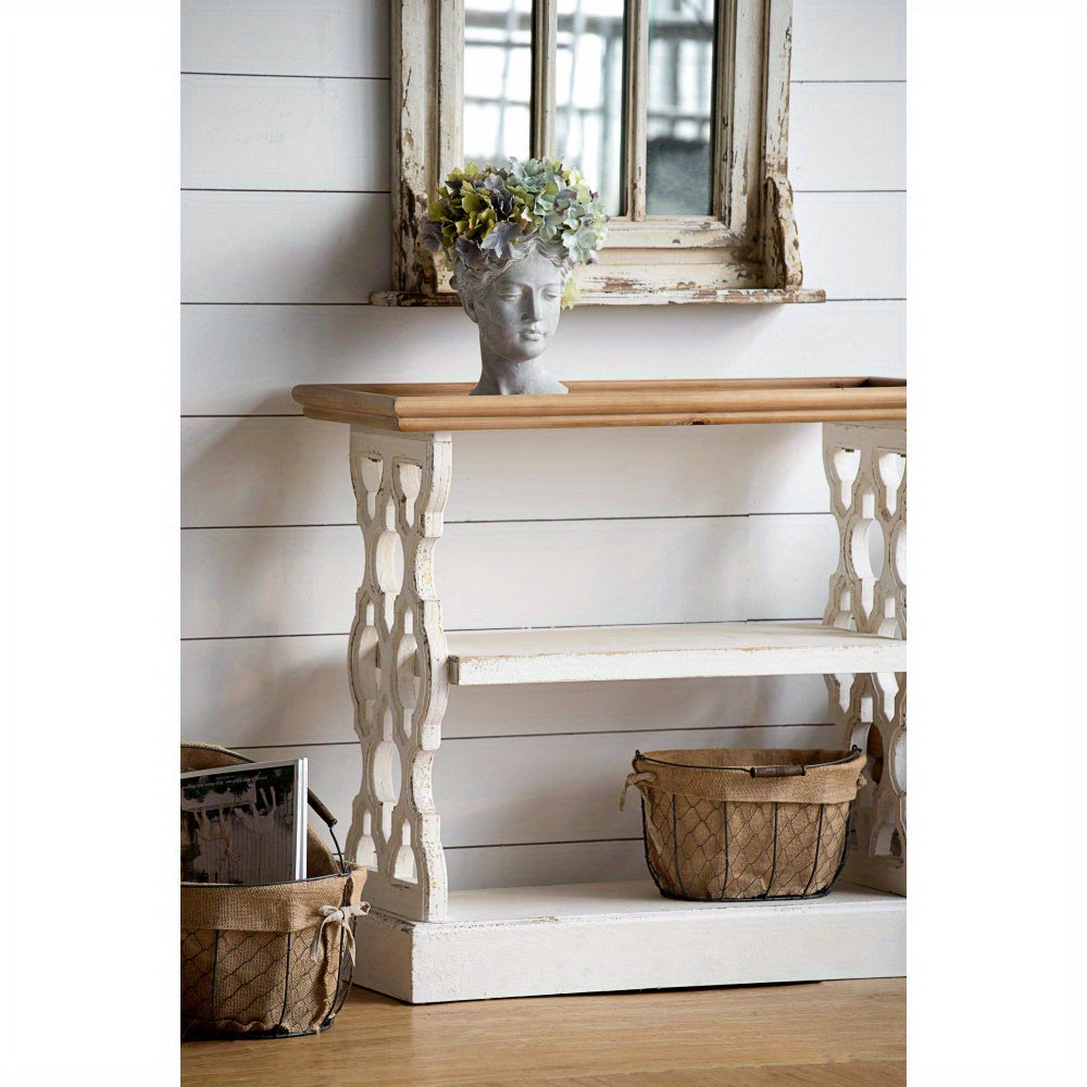 35.5" x 14" x 32" Distressed White and Natural Wood Shelf Tray