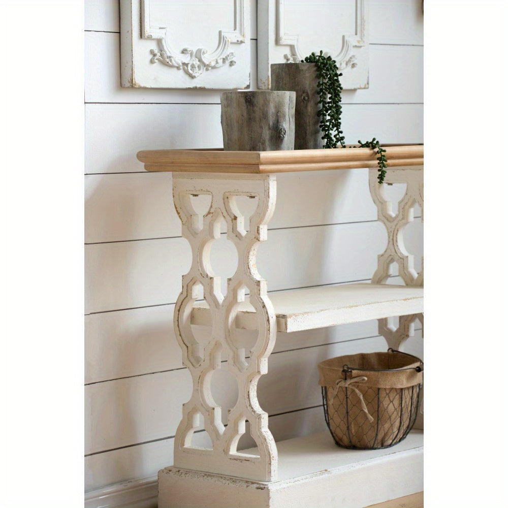 35.5" x 14" x 32" Distressed White and Natural Wood Shelf Tray