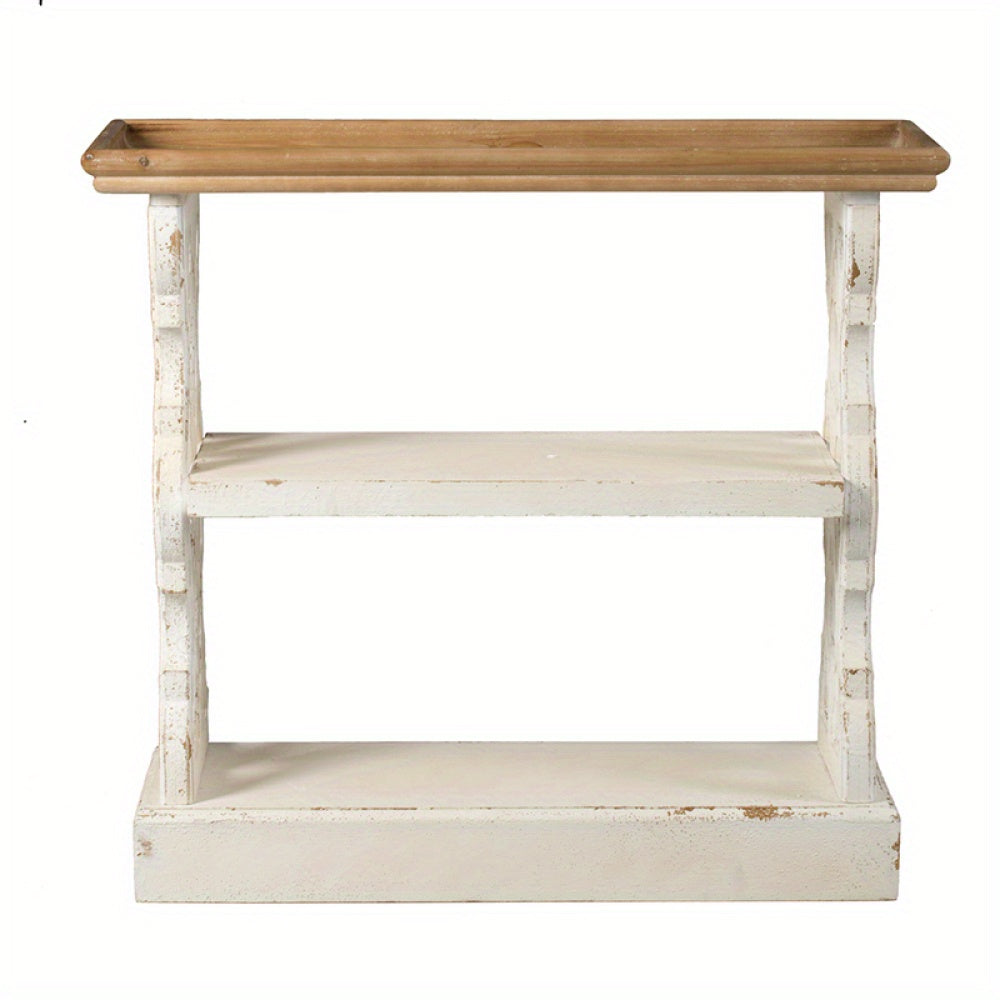 35.5" x 14" x 32" Distressed White and Natural Wood Shelf Tray