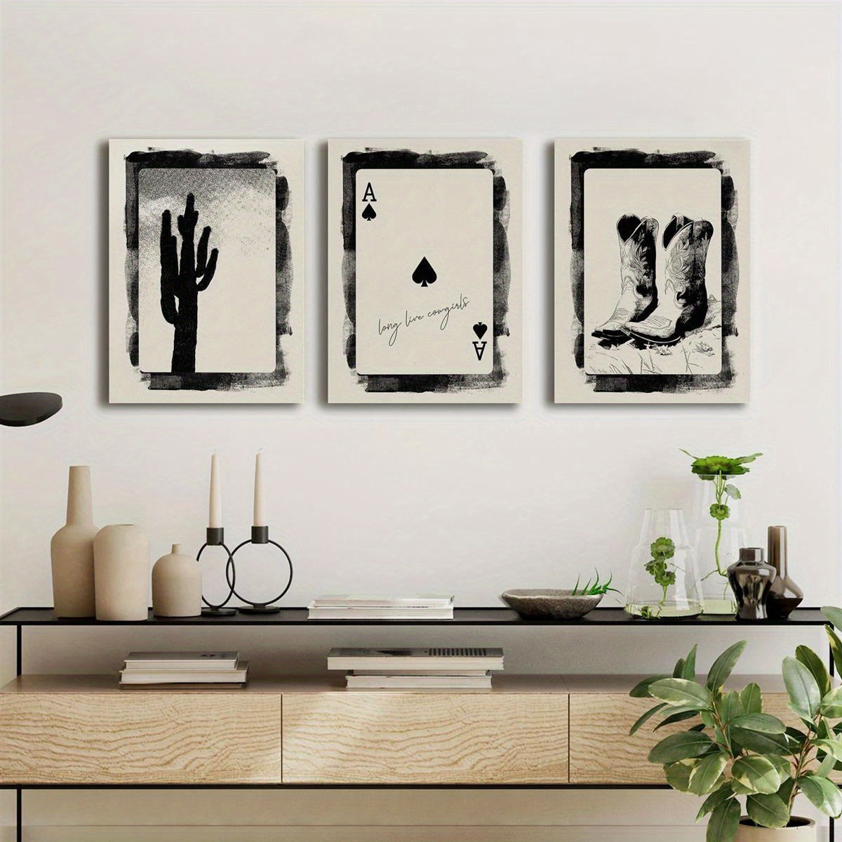 3pcs Canvas Wall Art Set- Cowboy Boots, Ace of Spades& Cactus Prints