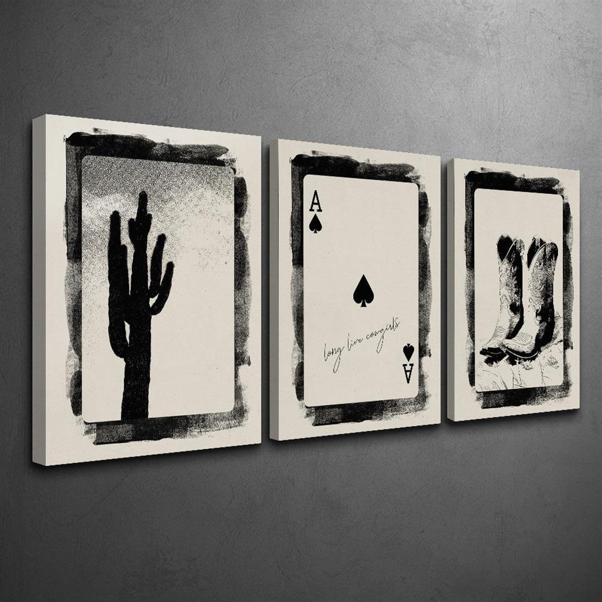 3pcs Canvas Wall Art Set- Cowboy Boots, Ace of Spades& Cactus Prints