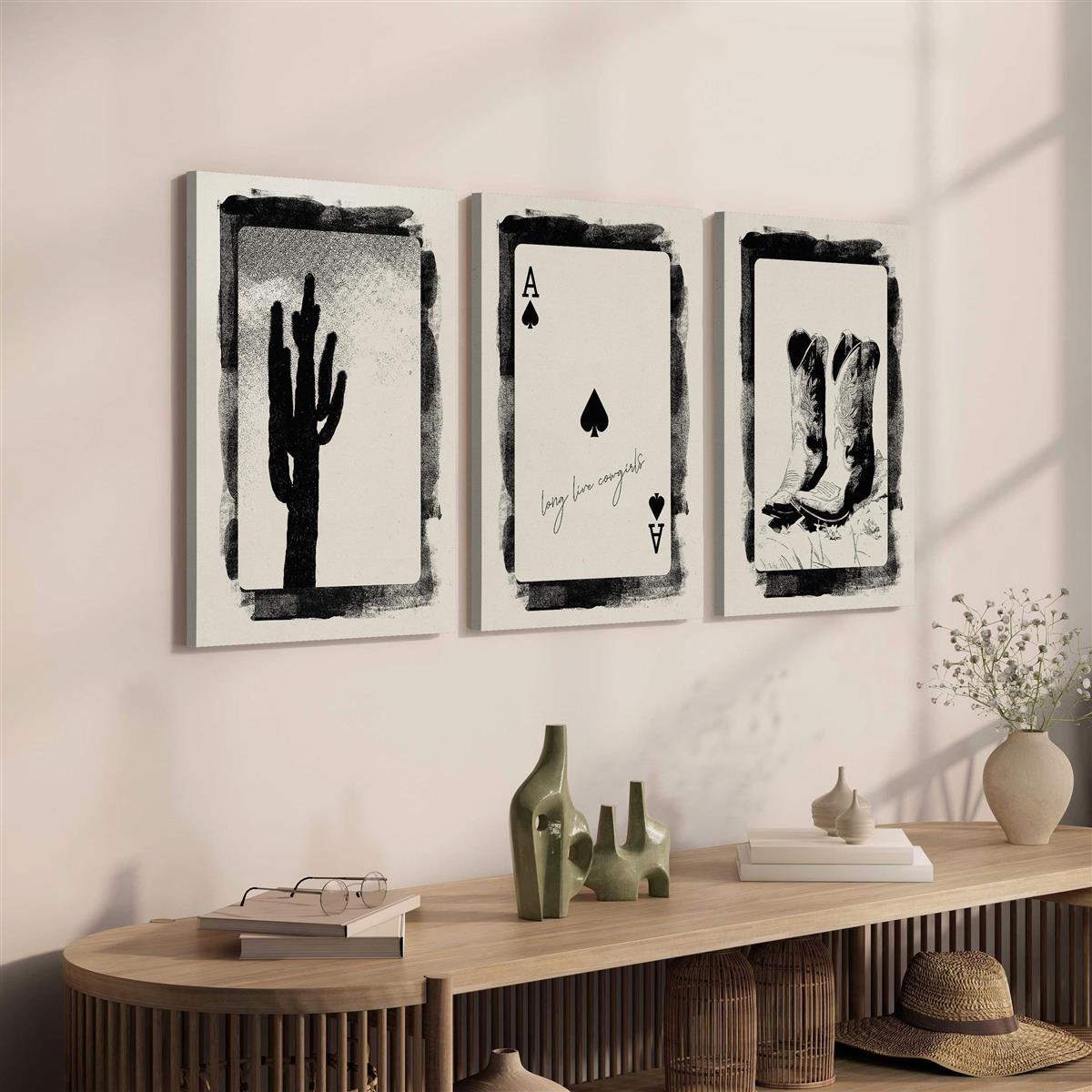 3pcs Canvas Wall Art Set- Cowboy Boots, Ace of Spades& Cactus Prints