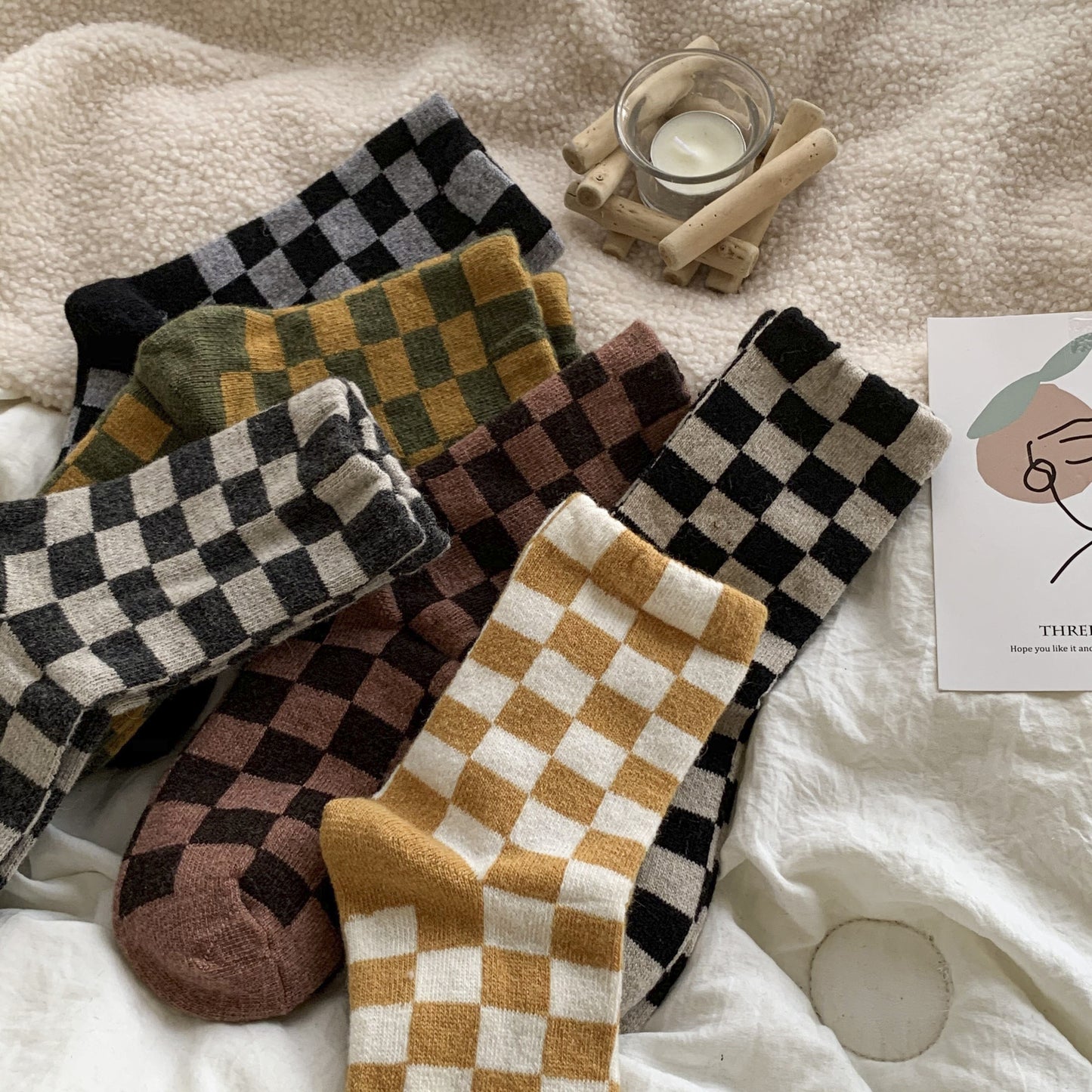 6 Pair Women's Gingham Pattern Mid-Calf Socks