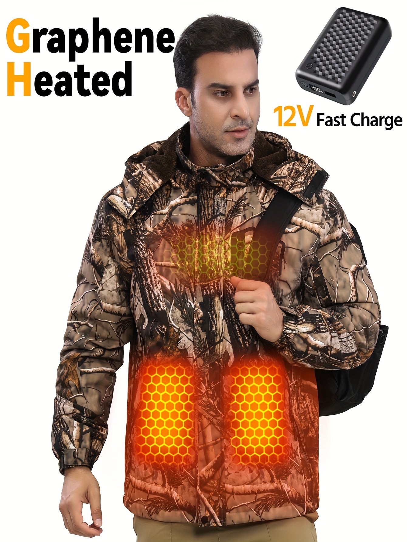 Men Heated Jacket 12V Battery Pack Fleece Lined Electric Warming Coat