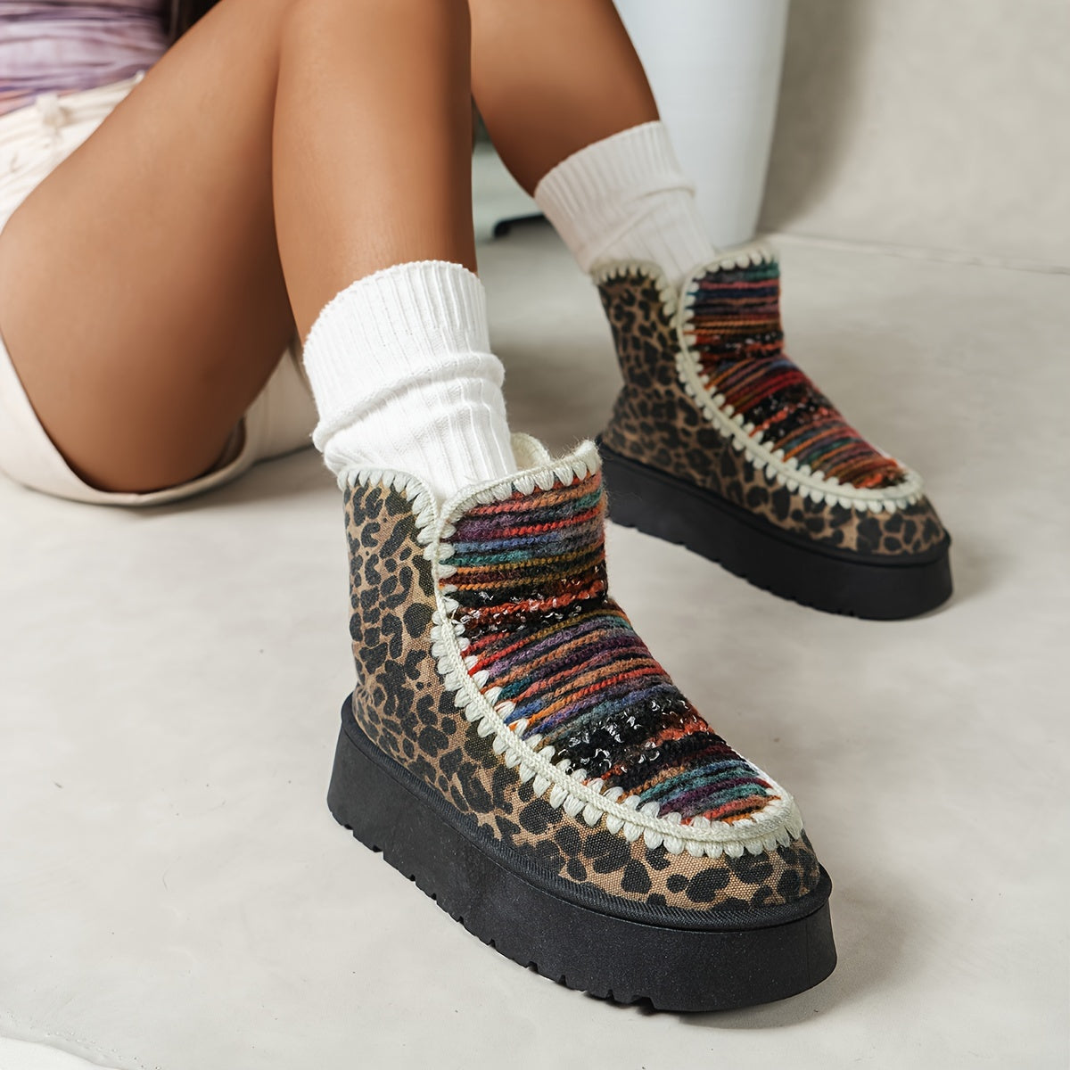 Cozy Western Chic Ankle Boots - Soft Sherpa Lining, Tribal Animal Print, Comfortable Insulated, Non-Slip TPR Sole, Mid-Heel, Fabric Upper, Random Print, Casual Slip-On Winter Footwear for Women