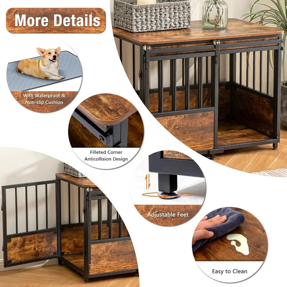 32 Inch Wooden Heavy Duty Dog Kennel with Double Doors and Cushion