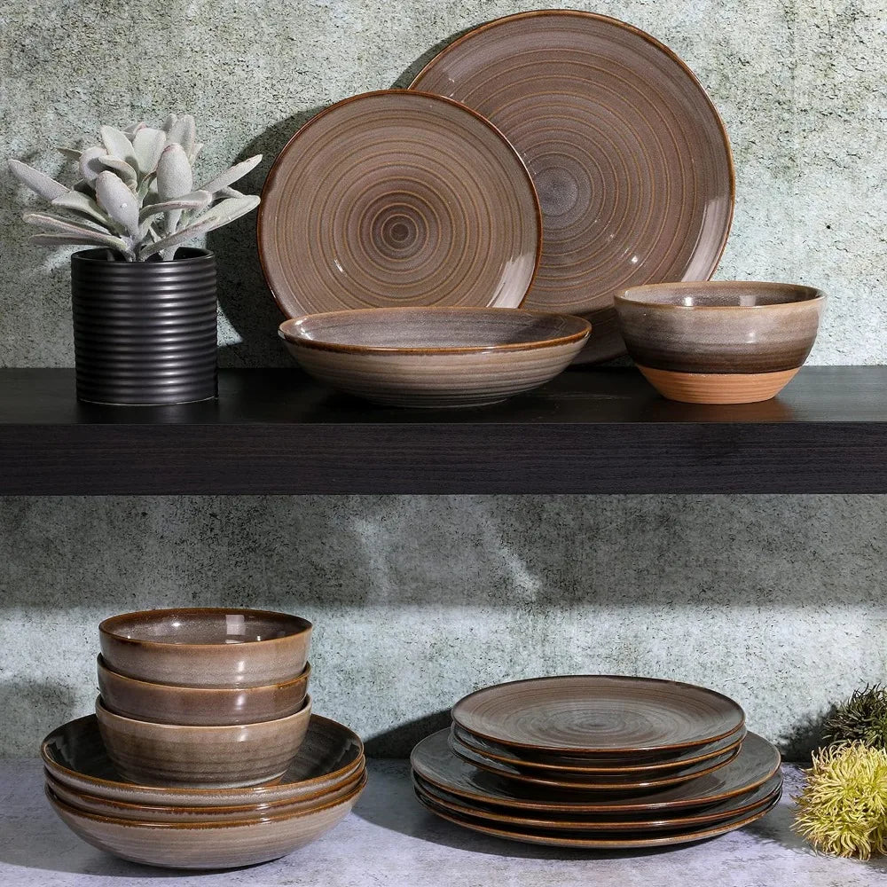 Dreamweaver Double Bowl Terracotta Dinnerware Set - Earthy Brown, Service for 4 (16pcs)