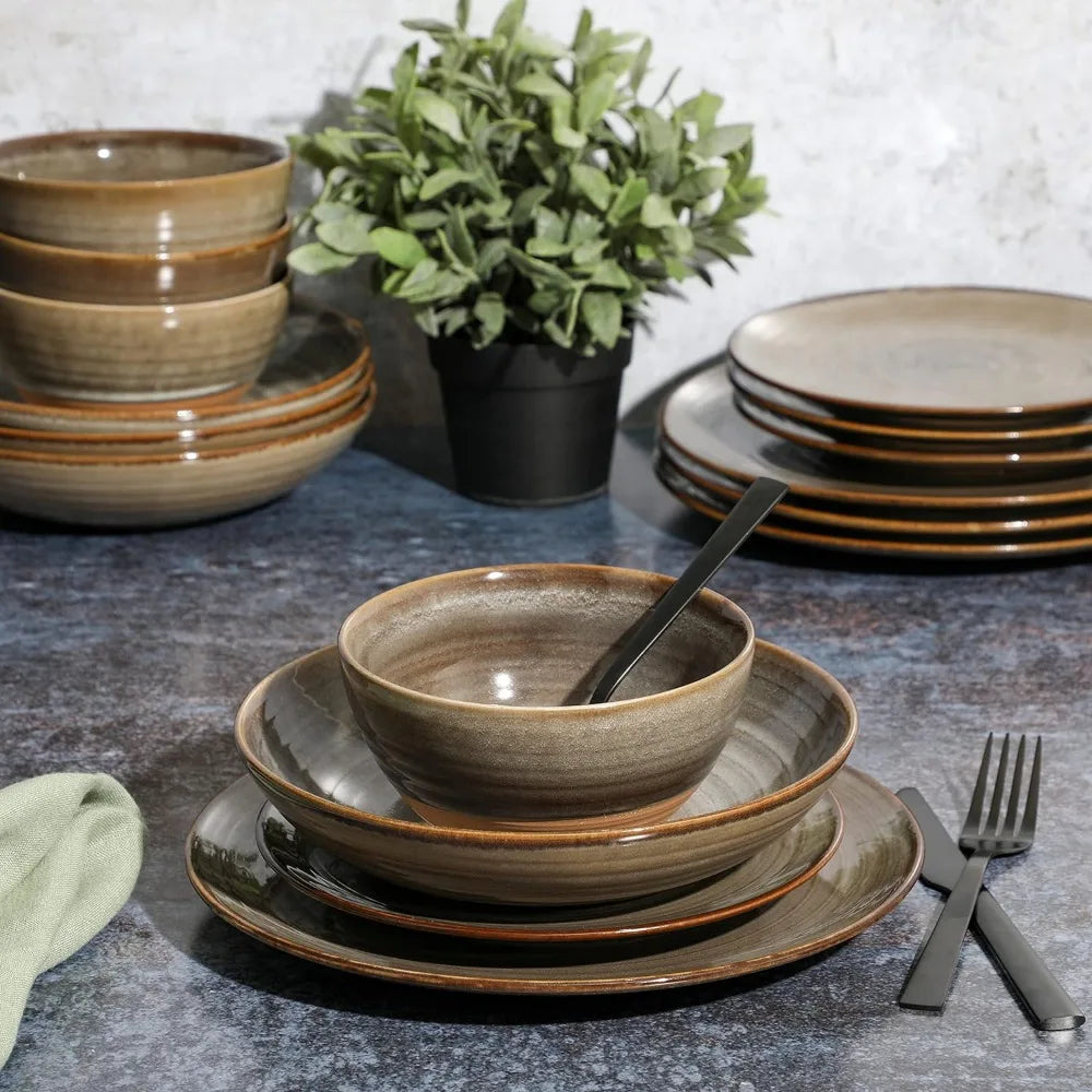 Dreamweaver Double Bowl Terracotta Dinnerware Set - Earthy Brown, Service for 4 (16pcs)