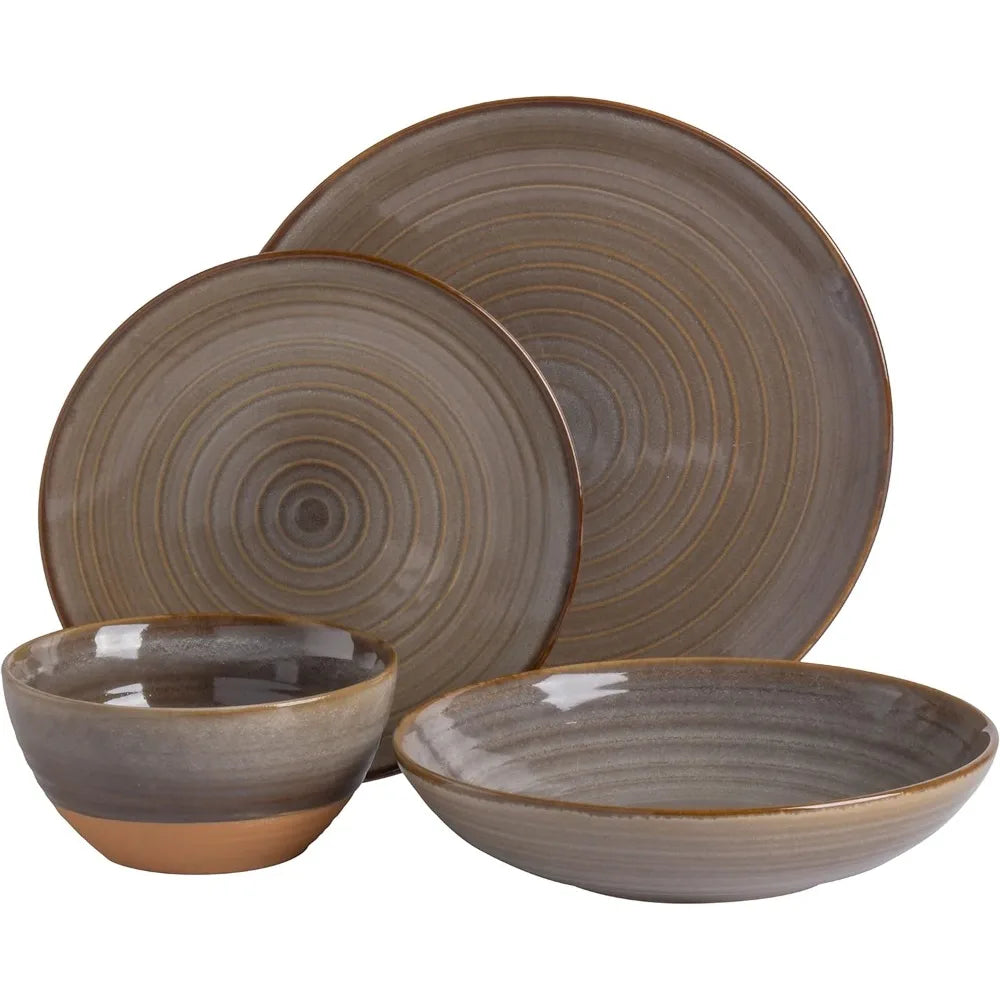 Dreamweaver Double Bowl Terracotta Dinnerware Set - Earthy Brown, Service for 4 (16pcs)