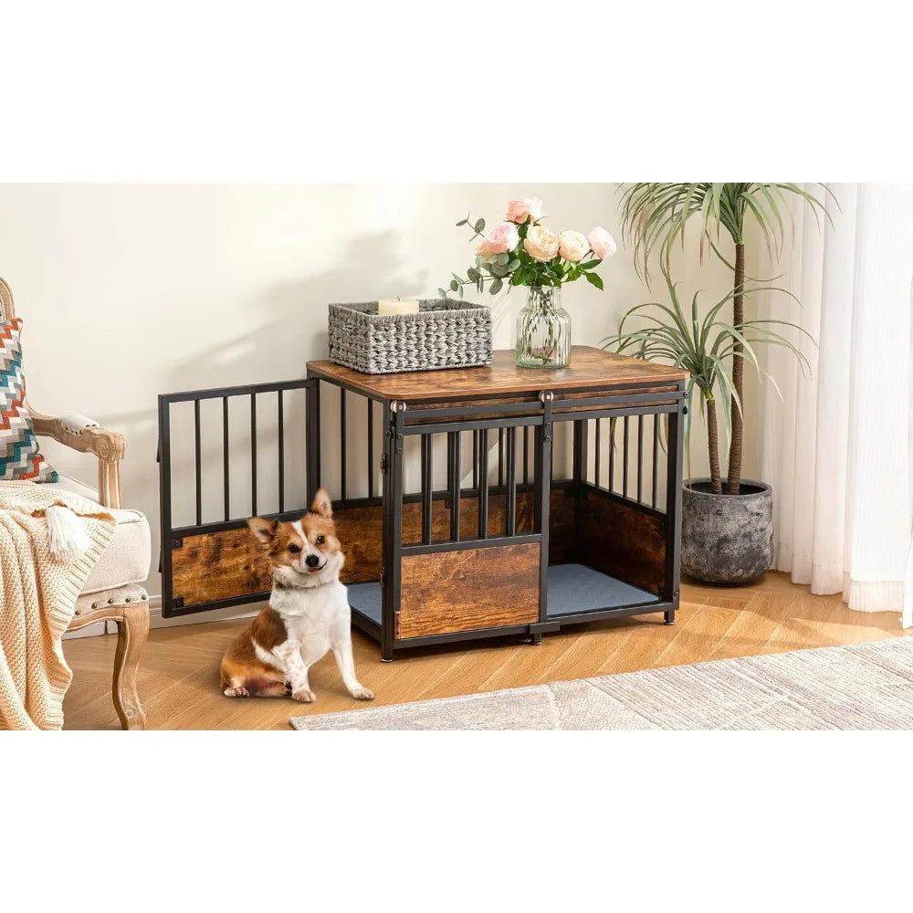 32 Inch Wooden Heavy Duty Dog Kennel with Double Doors and Cushion