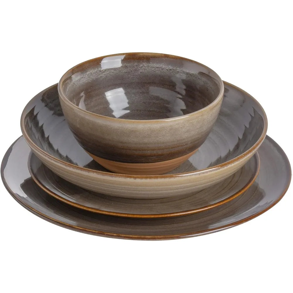 Dreamweaver Double Bowl Terracotta Dinnerware Set - Earthy Brown, Service for 4 (16pcs)