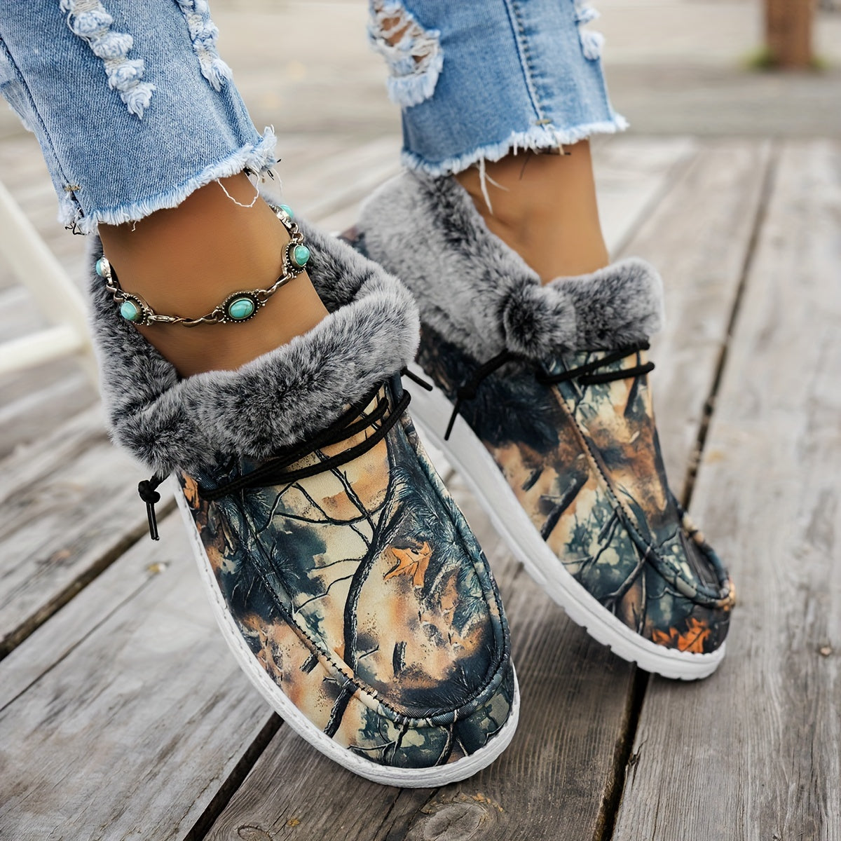 Women'S Casual Ankle Boots with Faux Fur Trim