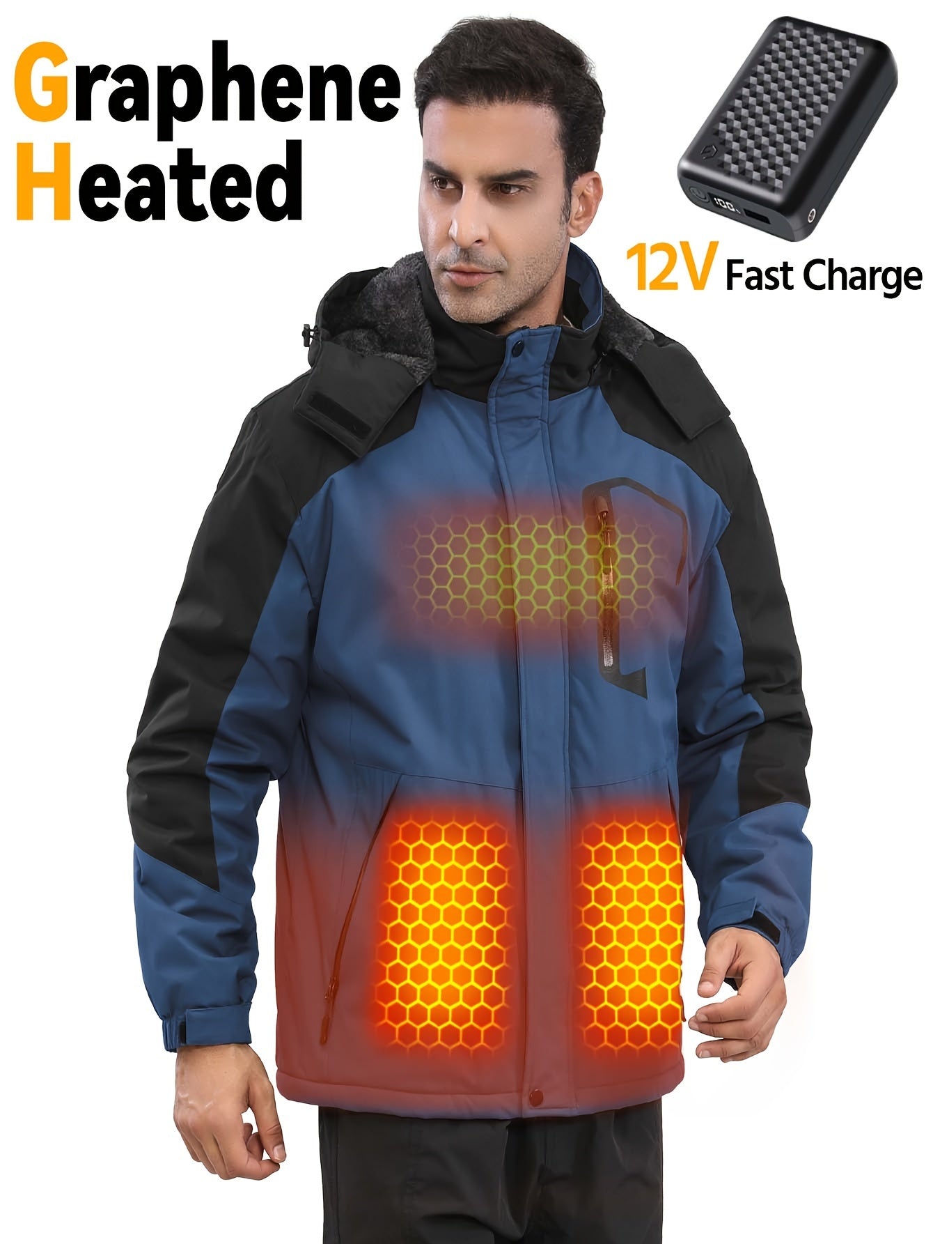 Men Heated Jacket 12V Battery Pack Fleece Lined Electric Warming Coat