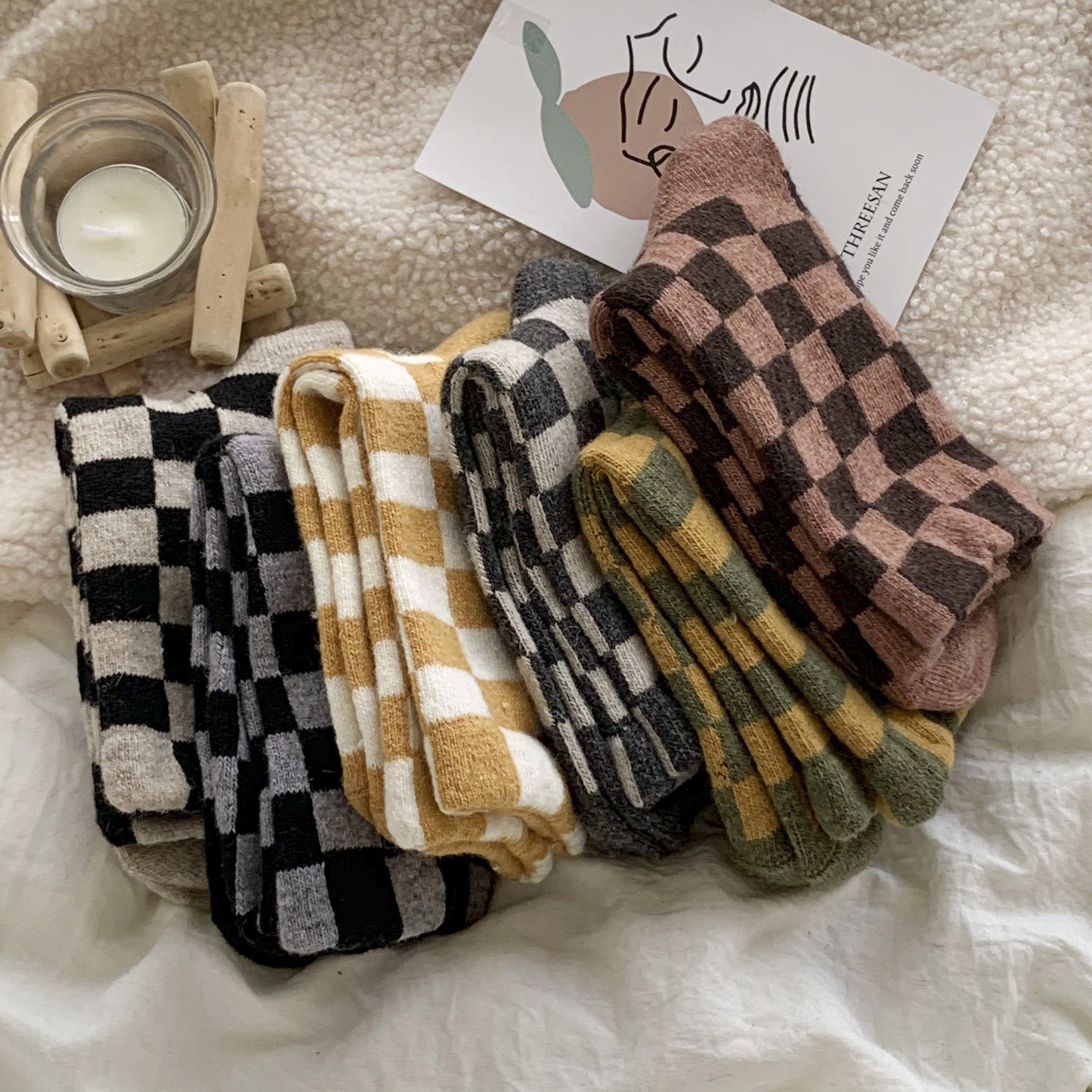 6 Pair Women's Gingham Pattern Mid-Calf Socks