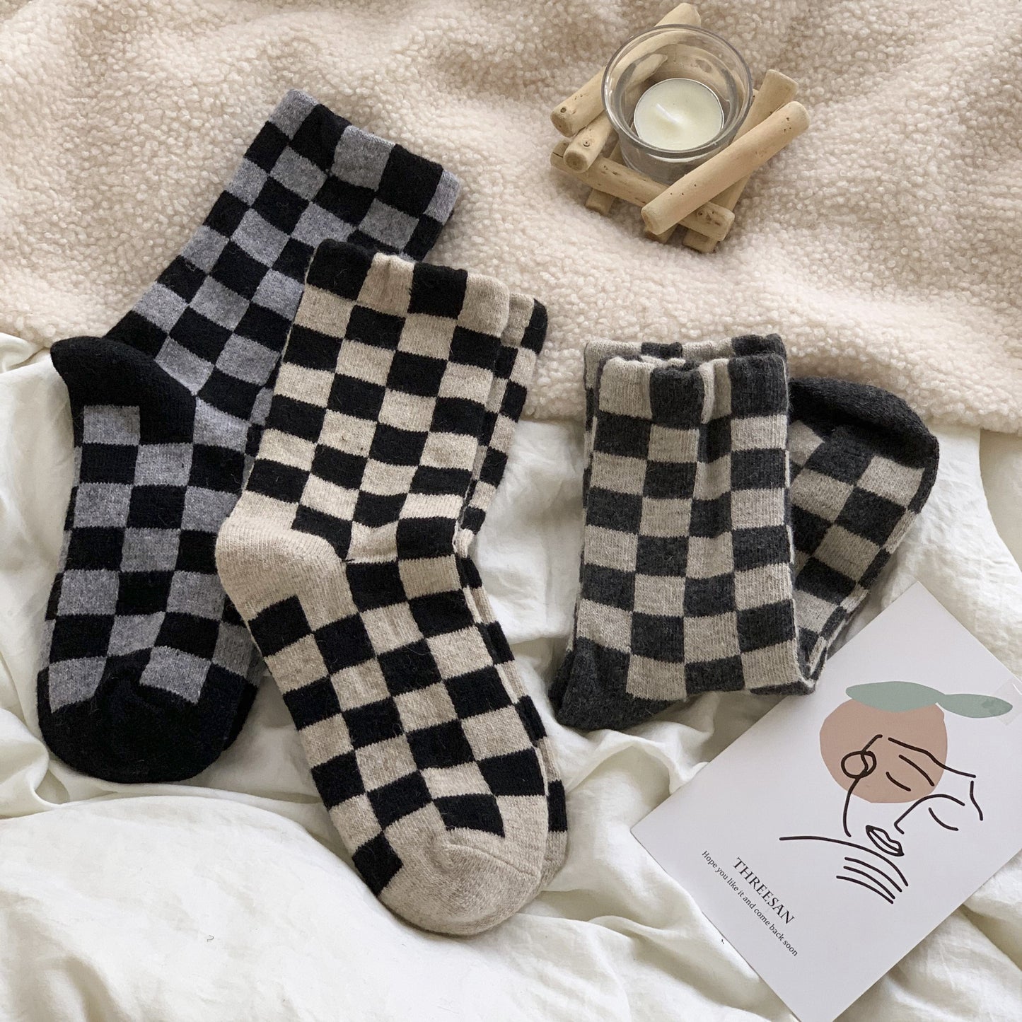 6 Pair Women's Gingham Pattern Mid-Calf Socks